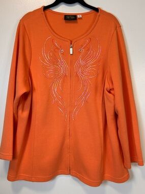 Bob Mackie orange zip up3/4-sleeve Embellished Phoenix design Sweater Women's 1X